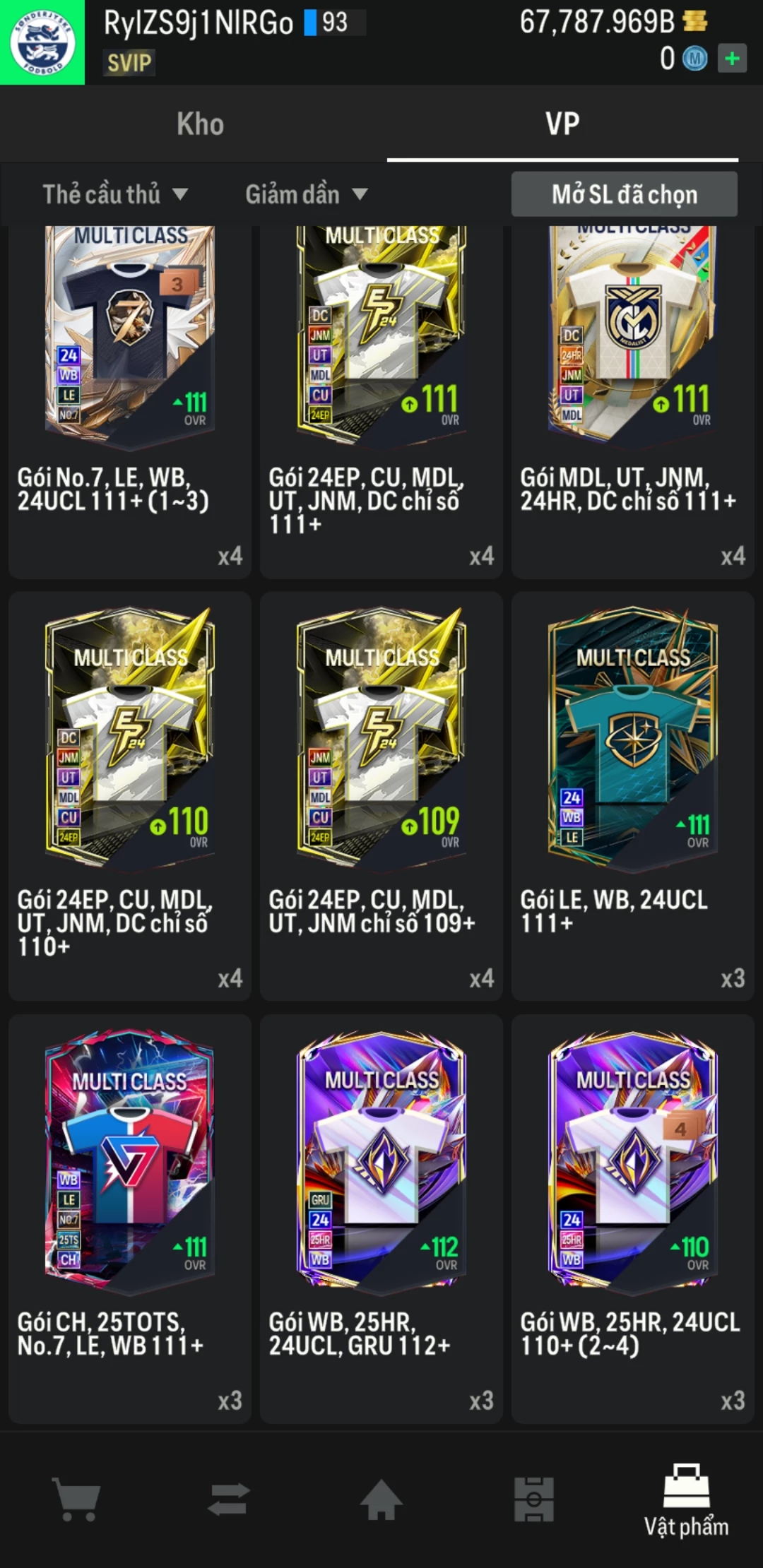 Ảnh ACC mở thẻ (LOẠI SVIP PROMAX) bao gồm 1 gói thẻ +12, thẻ PRIME và 1000+ thẻ cầu thủ từ Siêu sao đến Miền núi các loại. Có sẵn BP trắng trong acc từ 57.000 tỷ BP đến 67.000 tỷ BP, kèm theo nhiều ngày SVIP